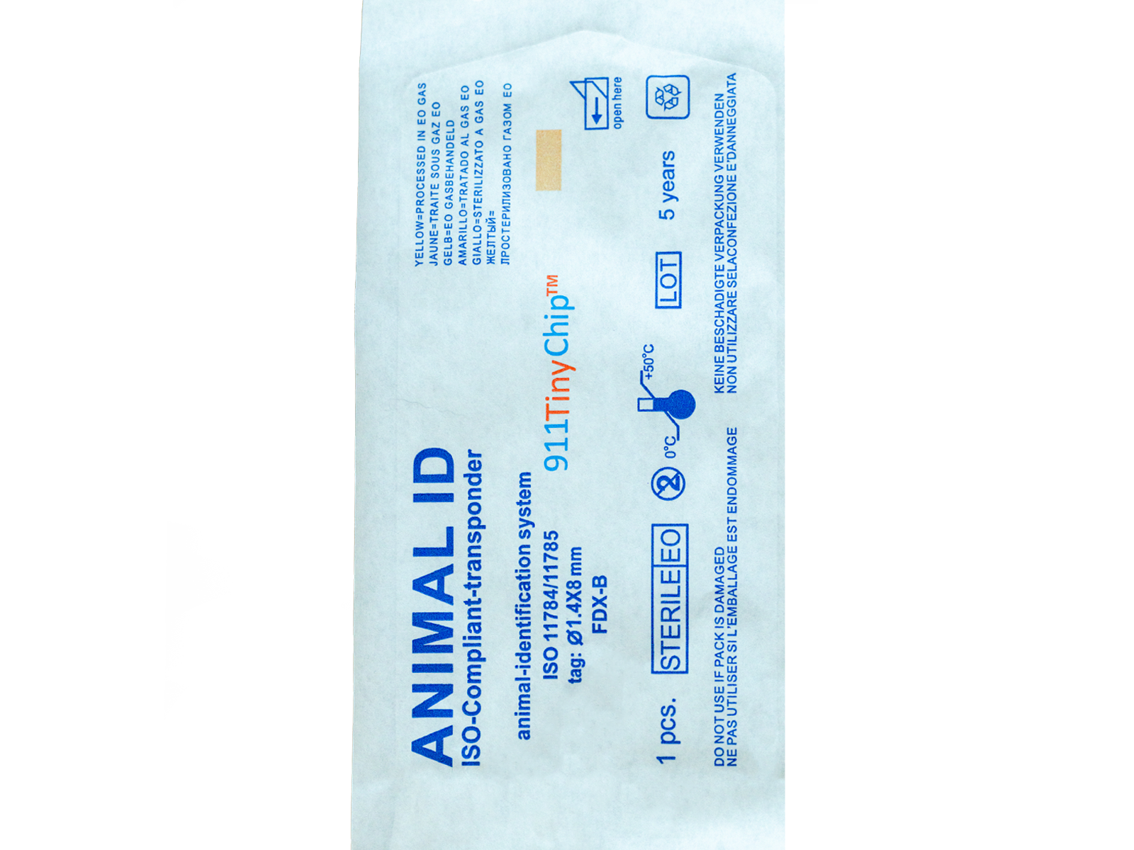911TinyChip™ sterile pouch — ISO 11784/11785 certified, EO gas sterilized, 5-year shelf life.