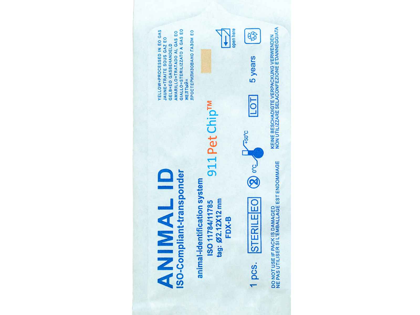 911PetChip™ sterile pouch — ISO 11784/11785 certified.